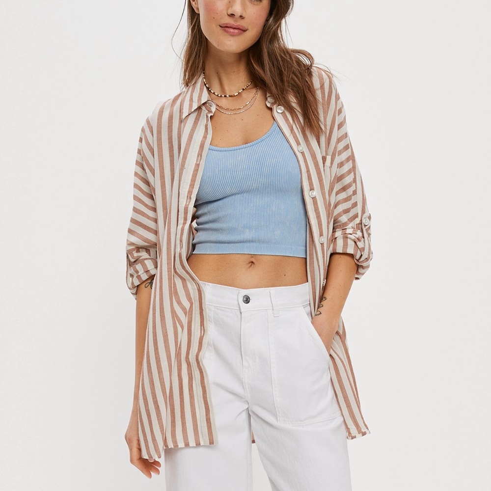 American Eagle AE Go Big Oversized Shirt Tan Neutral White Stripes Size XXL